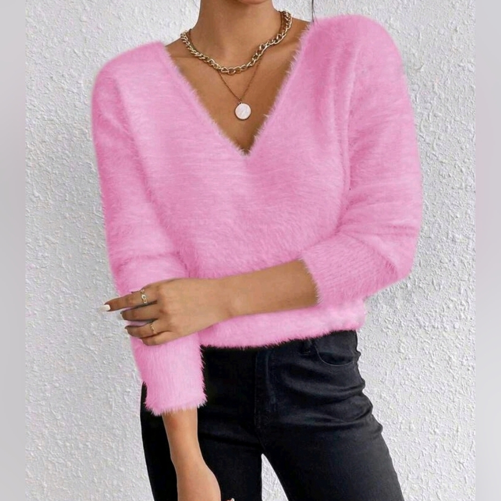 New Luxe Fluffy Knit V Neck Sweater Top Pink